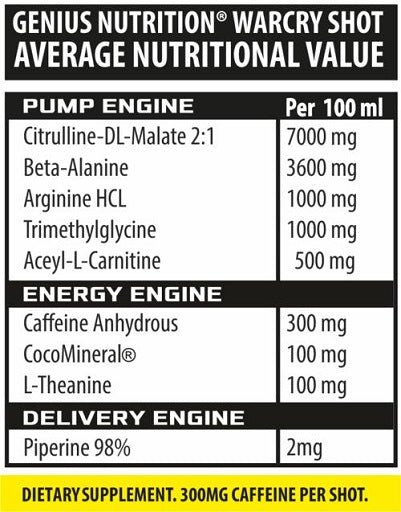 Trainings-Set: Genius Nutrition Warcry + MST BCAA Huge 200 Tabl./ – Genius Nutrition - Warcry Liquid Shot Cola (12x100ml)
