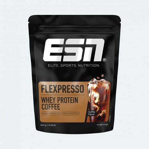 Duży zestaw marki ESN: Baton Kozi + Designerskie Białko Wegańskie + 3 inne - ESN Flexpresso Protein 420g (Kawa)
