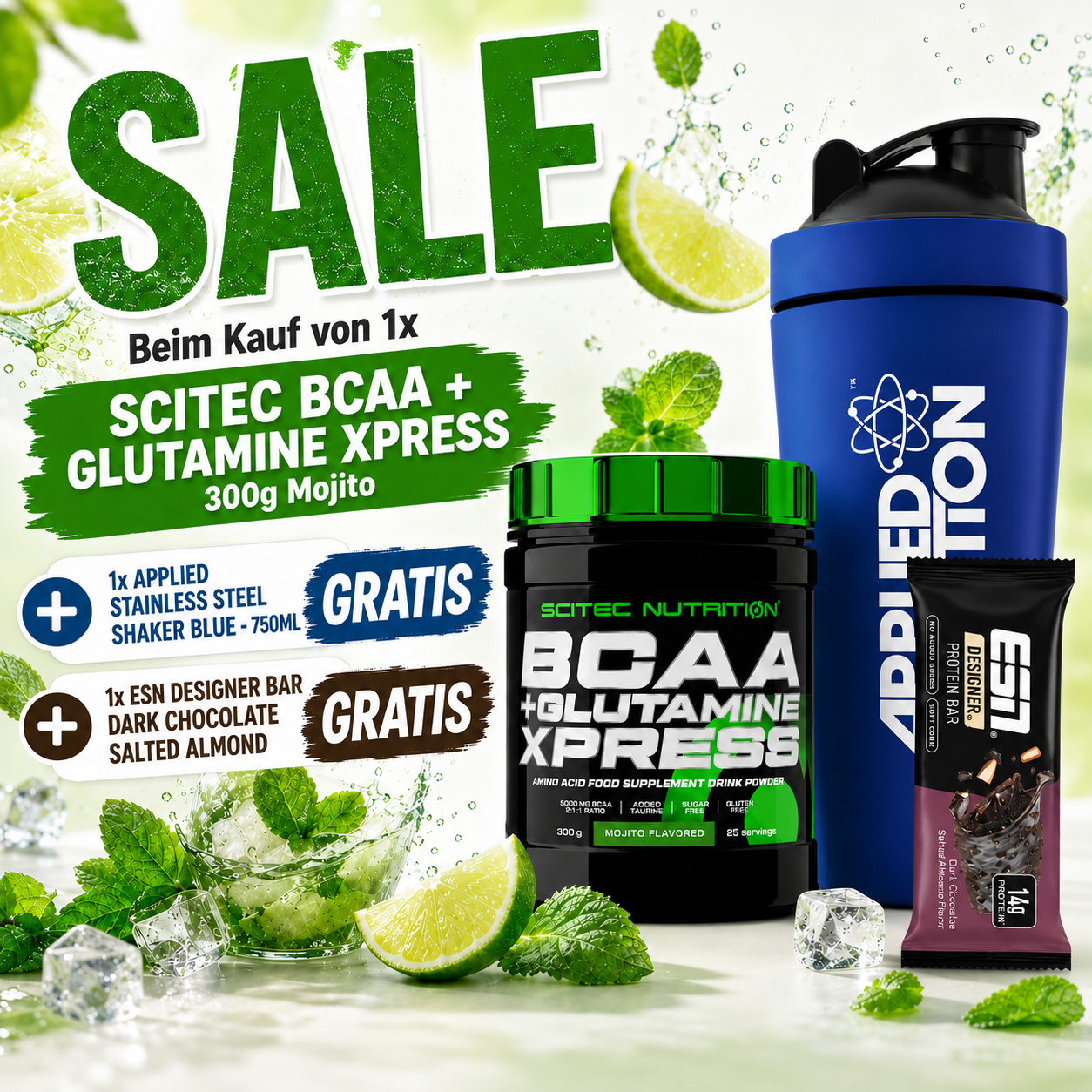 Scitec BCAA + Glutamine Xpress 300g Mojito ΠΩΛΗΣΗ + 1x Εφαρμοσμένο από ανοξείδωτο χάλυβα Shaker μπλε - 750ml + 1x ESN Designer Bar Μαύρη Σοκολάτα Αλατισμένη ΔΩΡΕΑΝ