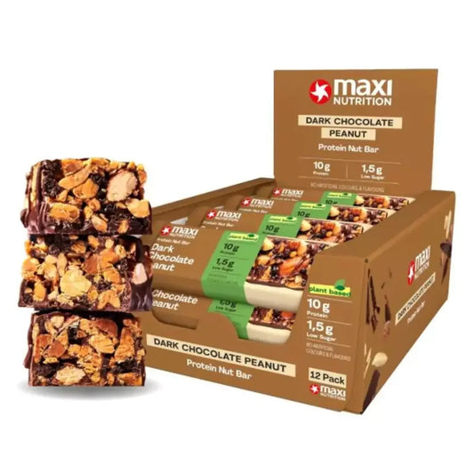 Riegel-Großbox: Olimp Energy + MaxiNutritio + Chiefs Prote + 7 weitere – MaxiNutrition Protein Nut Bar 12 x 46 g (Dark Chocolate Peanut)