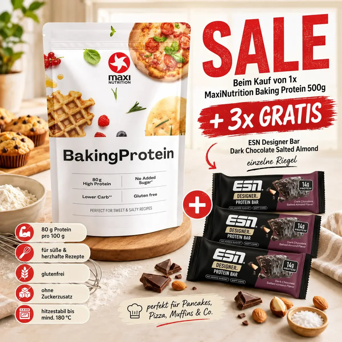 MaxiNutrition mærke stort sæt: Protein + Creamy Core + 3 andre - MaxiNutrition BAKING Protein 500g