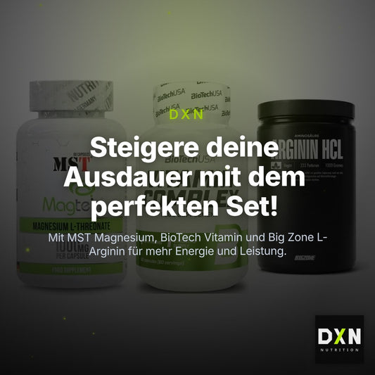 Ausdauer-Set: MST Magnesium + BioTech Vitamin + Big Zone L-Argin – Clean Showcase Plus