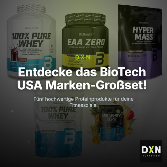 BioTech USA Marken-Großset: 100% Pure Whey + EAA Zero + 3 weitere – Clean Showcase Plus