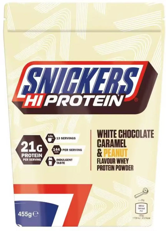 Schokolade Sorten-Großset: Mars Protein + Twix Protein + 2 weitere – Snickers White Protein Powder 875g/455g - White Chocolate, Caramel & Peanut (455g)