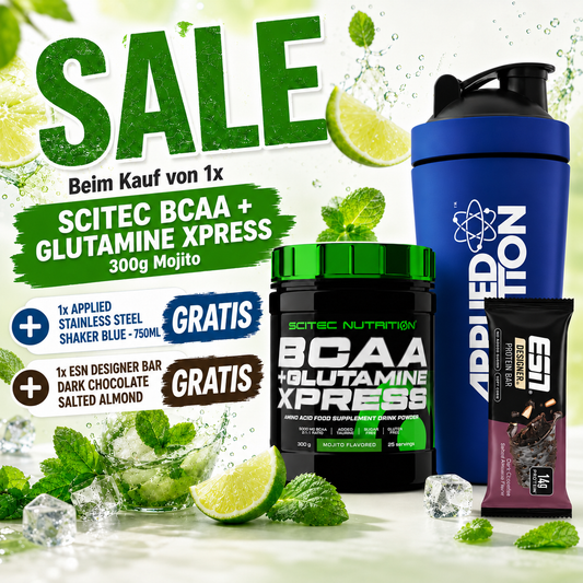 Scitec BCAA + Glutamine Xpress 300g Mojito SALE + 1x Applied Stainless Steel Shaker blue - 750ml + 1x ESN Designer Bar Dark Chocolate Salted GRATIS