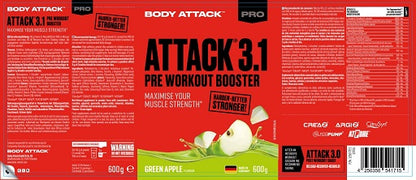 Body Attack Marken-Großset: Attack Whey + Attack 100 % + 3 weitere – Body Attack Pre Attack 3.1 600g (Green Apple Flavour)
