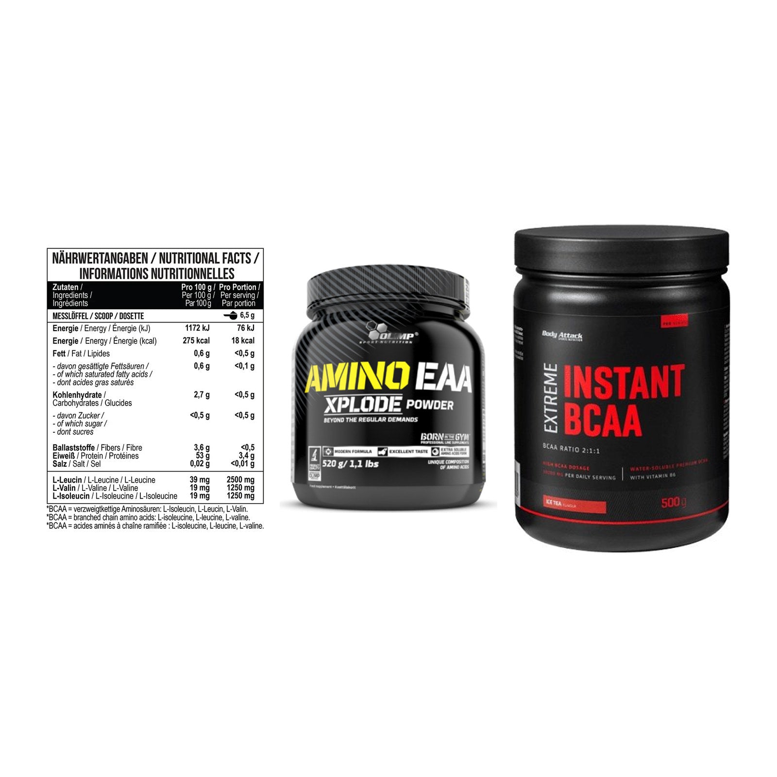 Amino-Probierset: MST BCAA Zero + Olimp Amino EAA + Body Attack – alle enthaltenen Artikel