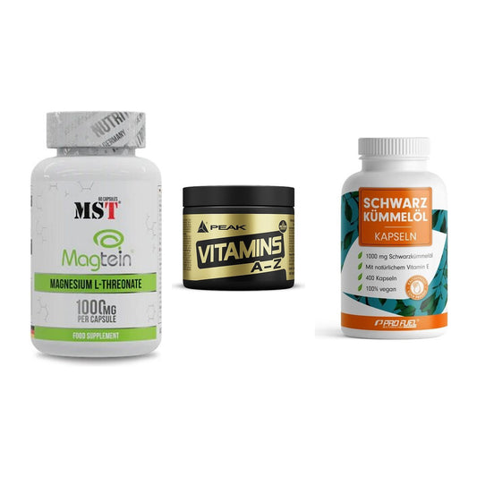 Ausdauer-Set: MST Magnesium + Peak Vitamin A-Z + ProFuel Schwarzk – alle enthaltenen Artikel