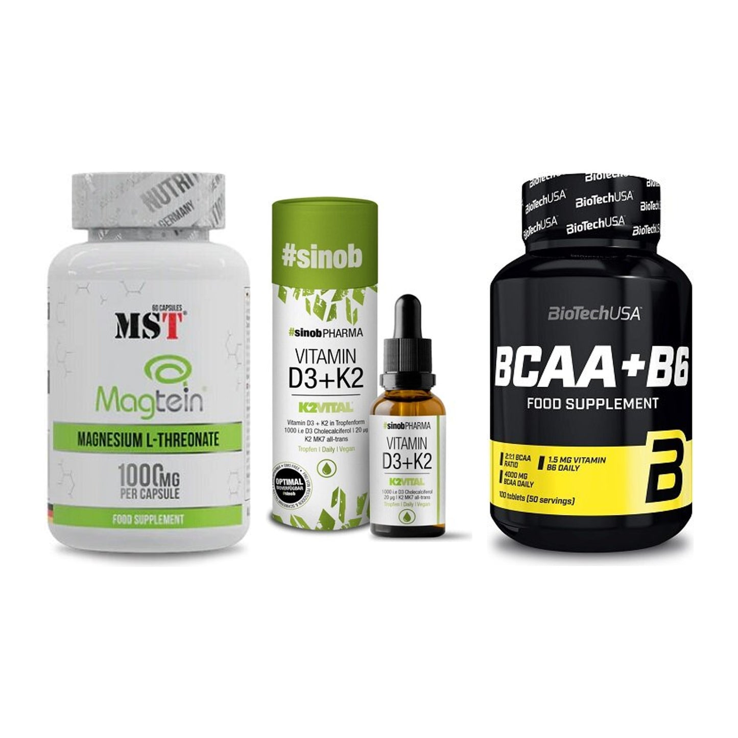 Ausdauer-Set: MST Magnesium + Sinob Vitamin D3 + BioTech BCAA+B6 – alle enthaltenen Artikel