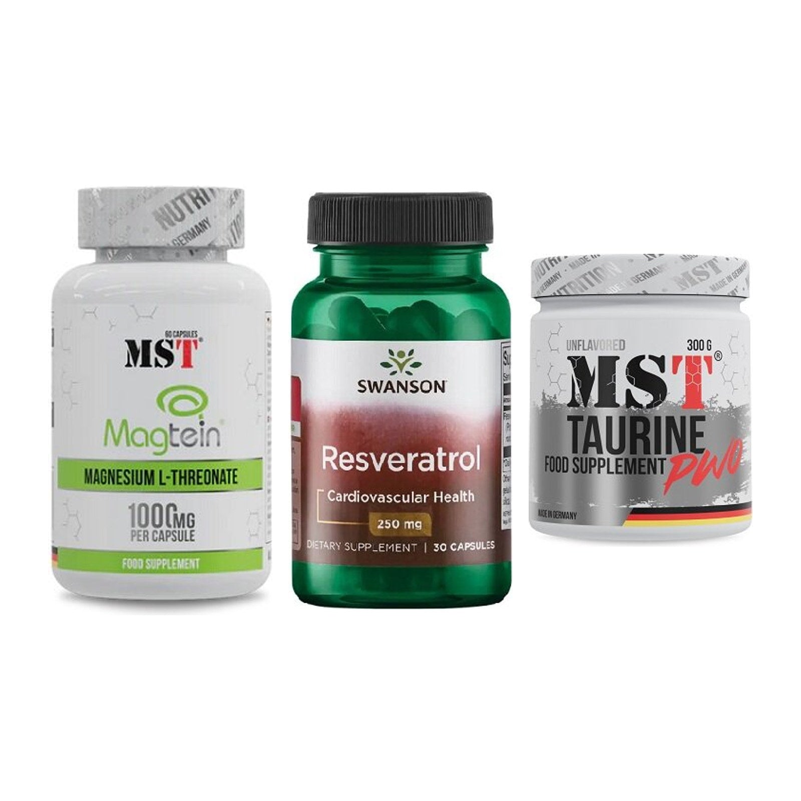Ausdauer-Set: MST Magnesium + Swanson Resverat + MST Taurine – alle enthaltenen Artikel