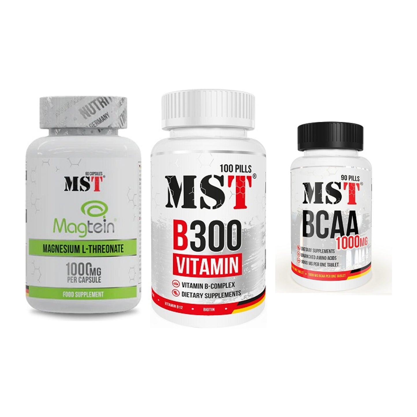 Ausdauer-Set: MST Magnesium + MST B300 B-Compl + MST BCAA 1000 – alle enthaltenen Artikel