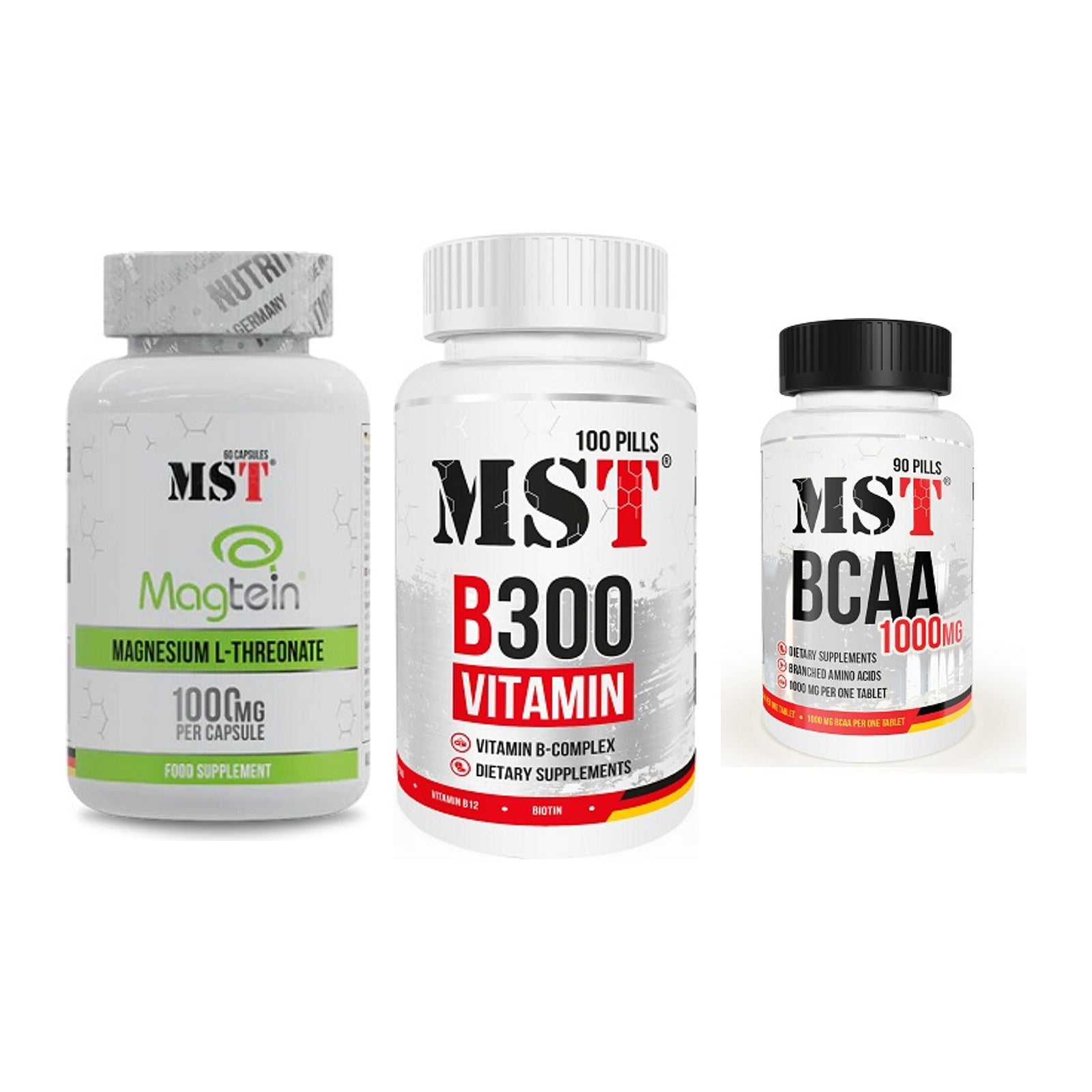 Ausdauer-Set: MST Magnesium + MST B300 B-Compl + MST BCAA 1000 – alle enthaltenen Artikel
