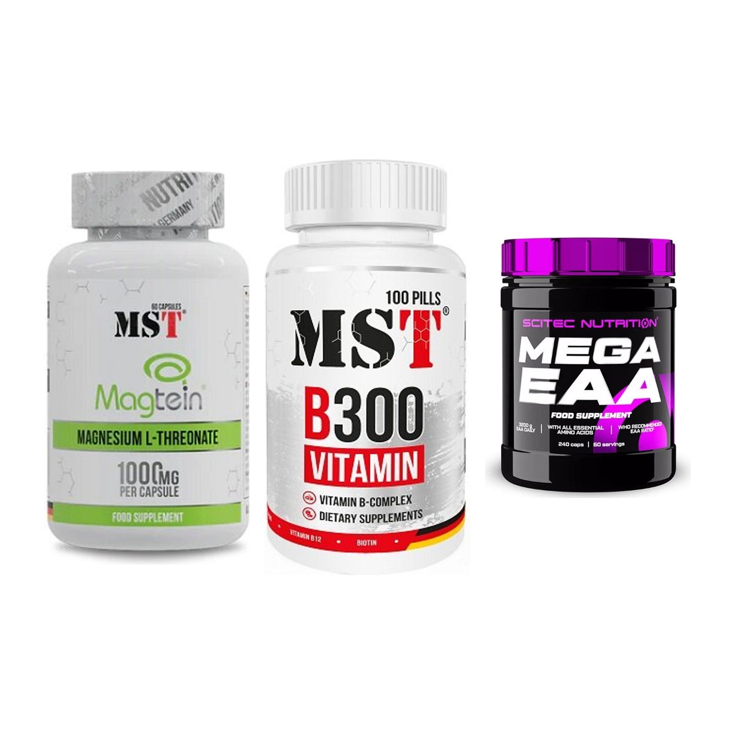 Ausdauer-Set: MST Magnesium + MST B300 B-Compl + Scitec Mega EAA – alle enthaltenen Artikel