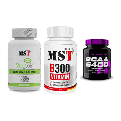 Ausdauer-Set: MST Magnesium + MST B300 B-Compl + Scitec BCAA 6400 – alle enthaltenen Artikel