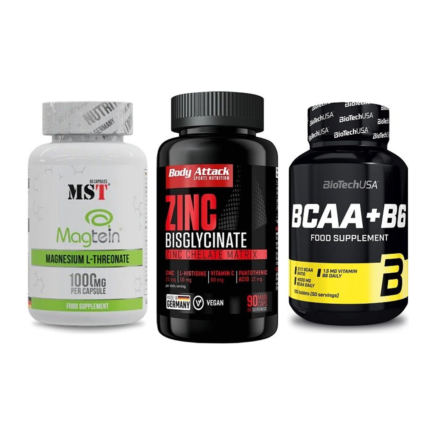 Ausdauer-Set: MST Magnesium + Body Attack Zink + BioTech BCAA+B6 – alle enthaltenen Artikel