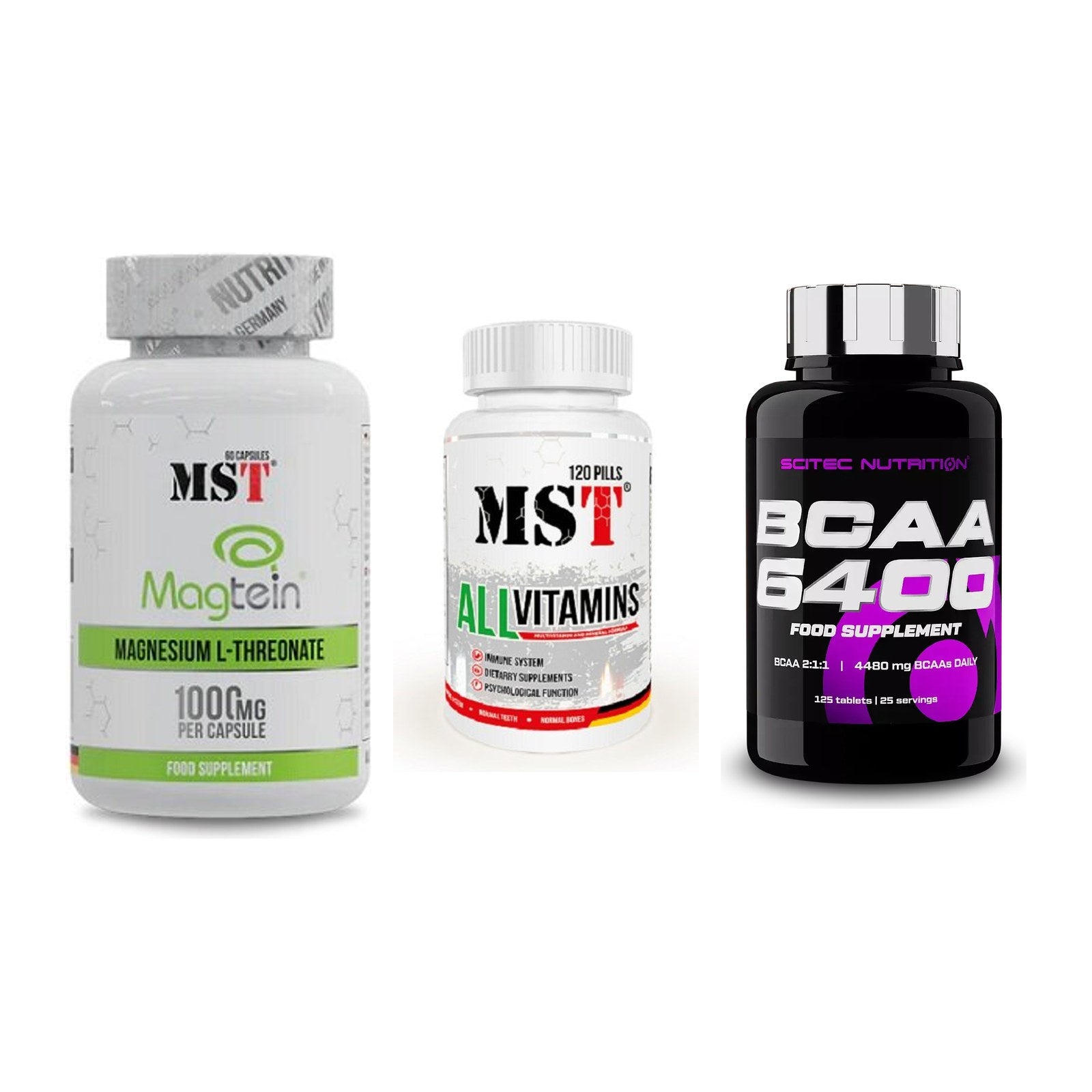 Ausdauer-Set: MST Magnesium + MST All Vitamins + Scitec BCAA 6400 – alle enthaltenen Artikel