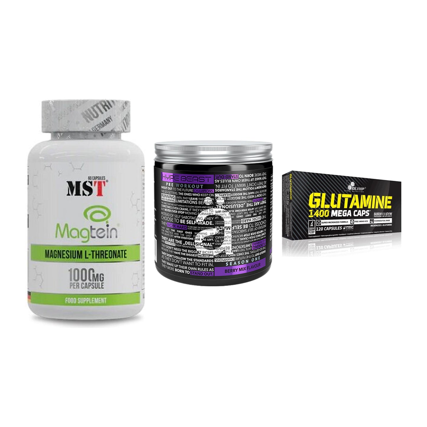 Ausdauer-Set: MST Magnesium + Nanosupps Hype + Olimp L-Glutamin – alle enthaltenen Artikel