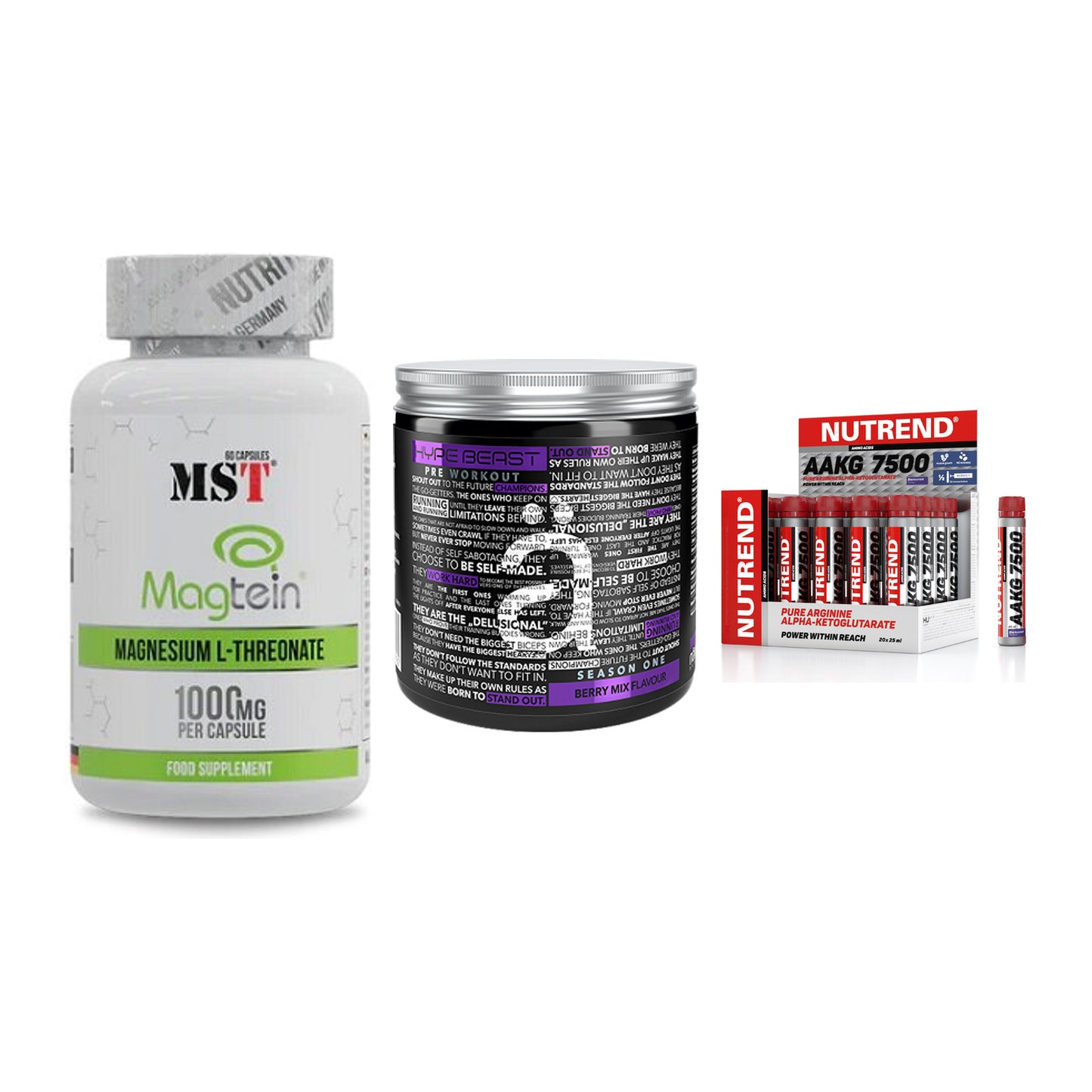 Ausdauer-Set: MST Magnesium + Nanosupps Hype + Nutrend AAKG – alle enthaltenen Artikel