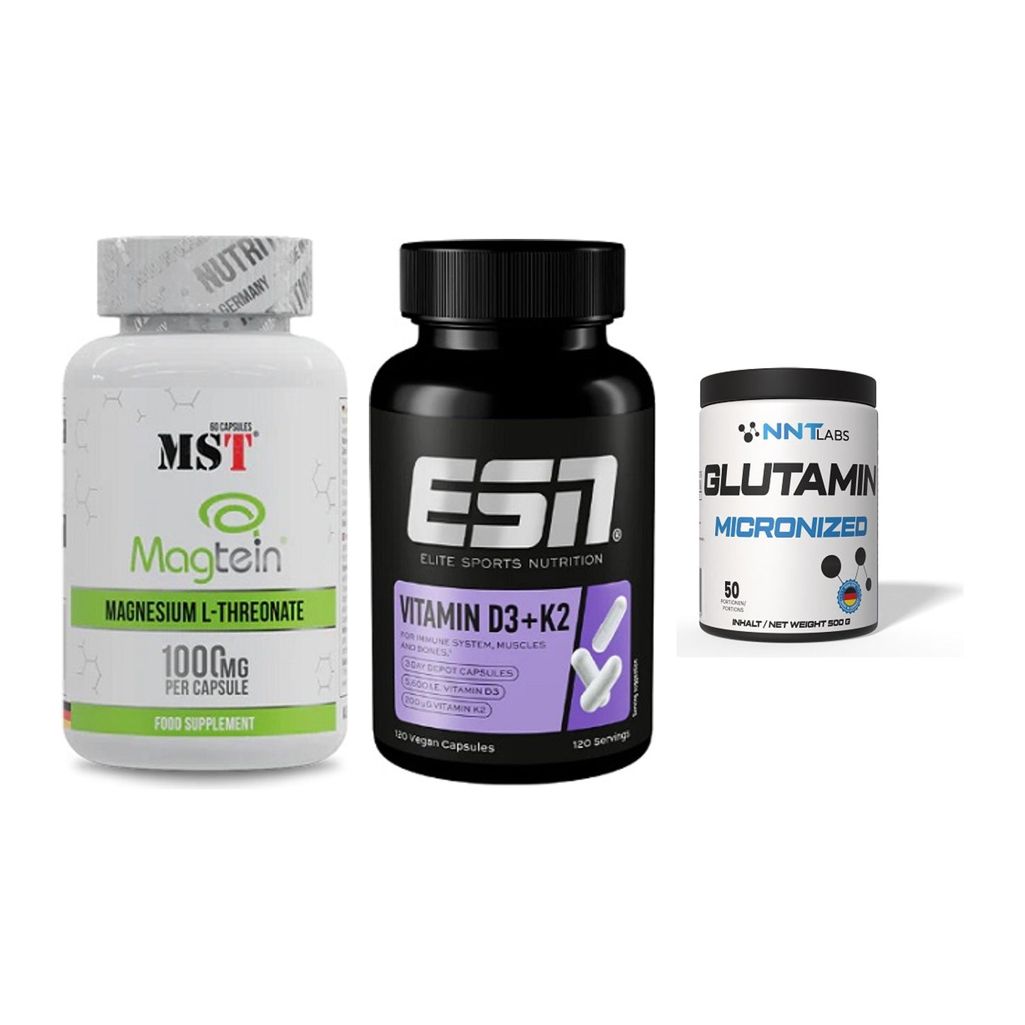 Ausdauer-Set: MST Magnesium + ESN Vitamin D3 + NNT Glutamin – alle enthaltenen Artikel