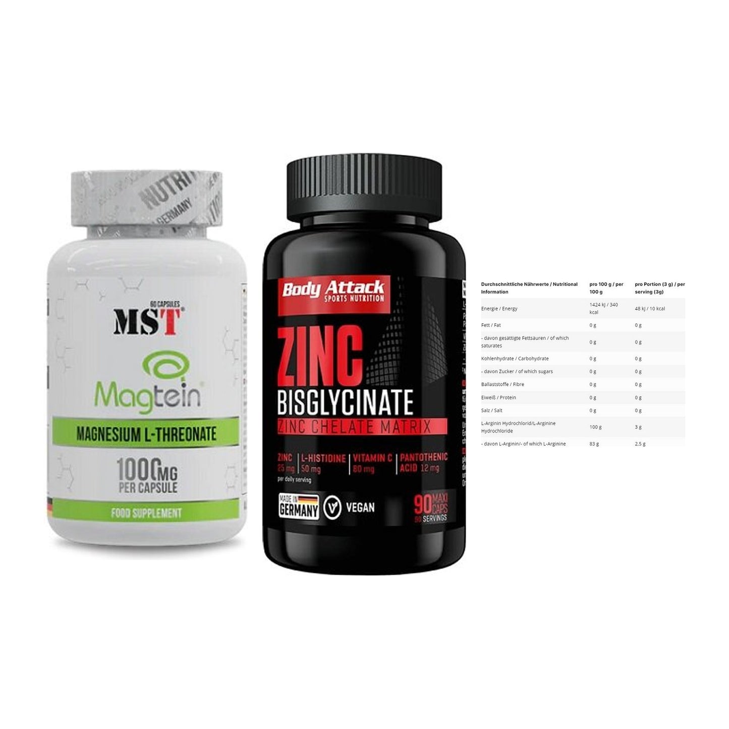 Ausdauer-Set: MST Magnesium + Body Attack Zink + INLEAD L-Arginin – alle enthaltenen Artikel