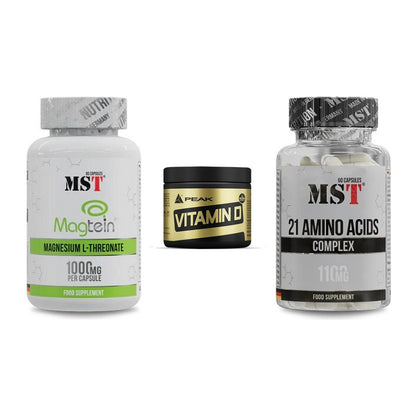 Ausdauer-Set: MST Magnesium + Peak Vitamin D + MST 21 Amino – alle enthaltenen Artikel
