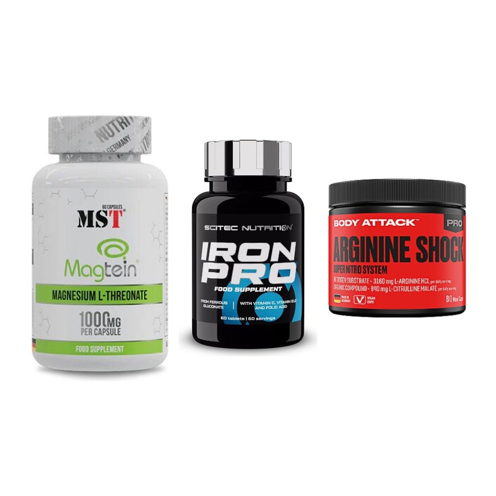 Ausdauer-Set: MST Magnesium + Scitec Iron Pro + Body Attack – alle enthaltenen Artikel
