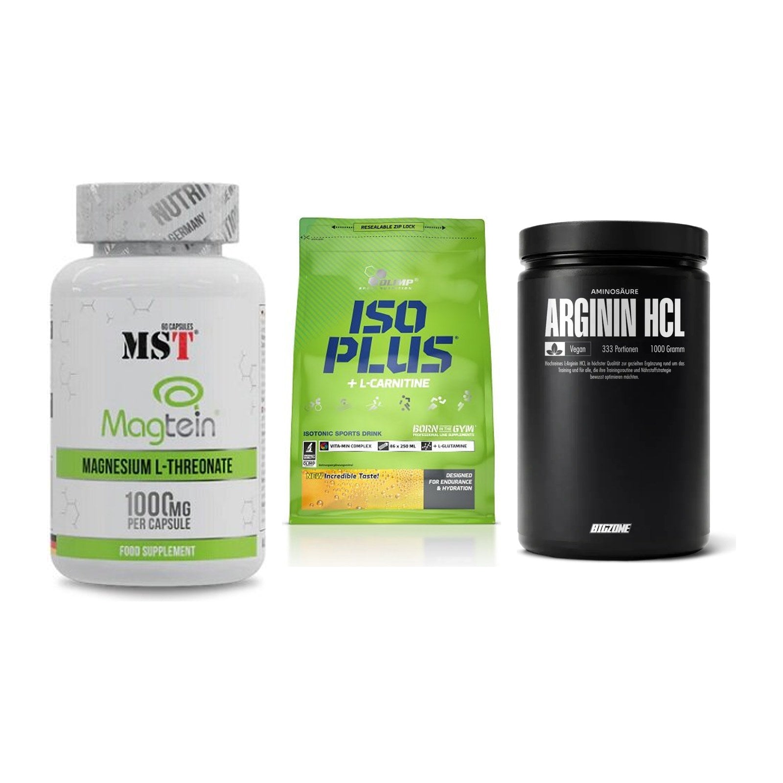 Ausdauer-Set: MST Magnesium + Olimp Iso Plus + Big Zone L-Argin – alle enthaltenen Artikel
