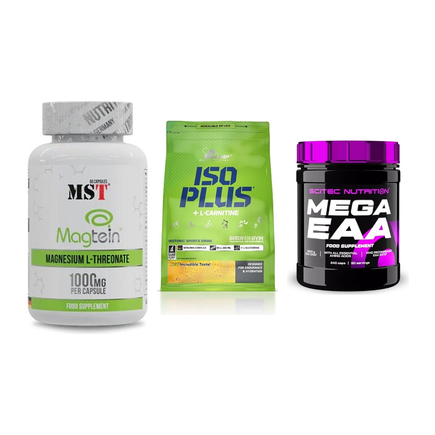 Ausdauer-Set: MST Magnesium + Olimp Iso Plus + Scitec Mega EAA – alle enthaltenen Artikel