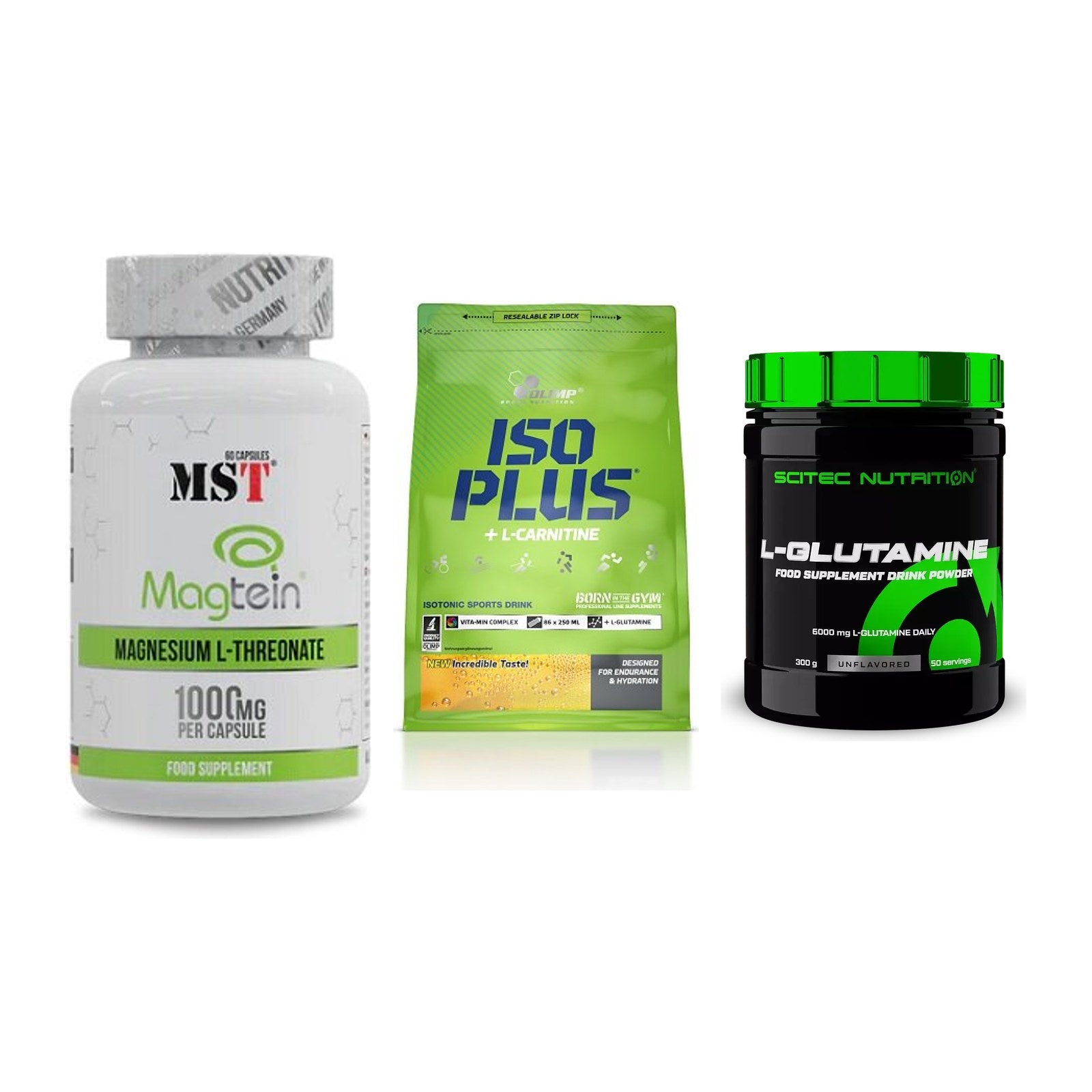 Ausdauer-Set: MST Magnesium + Olimp Iso Plus + Scitec L-Glutami – alle enthaltenen Artikel