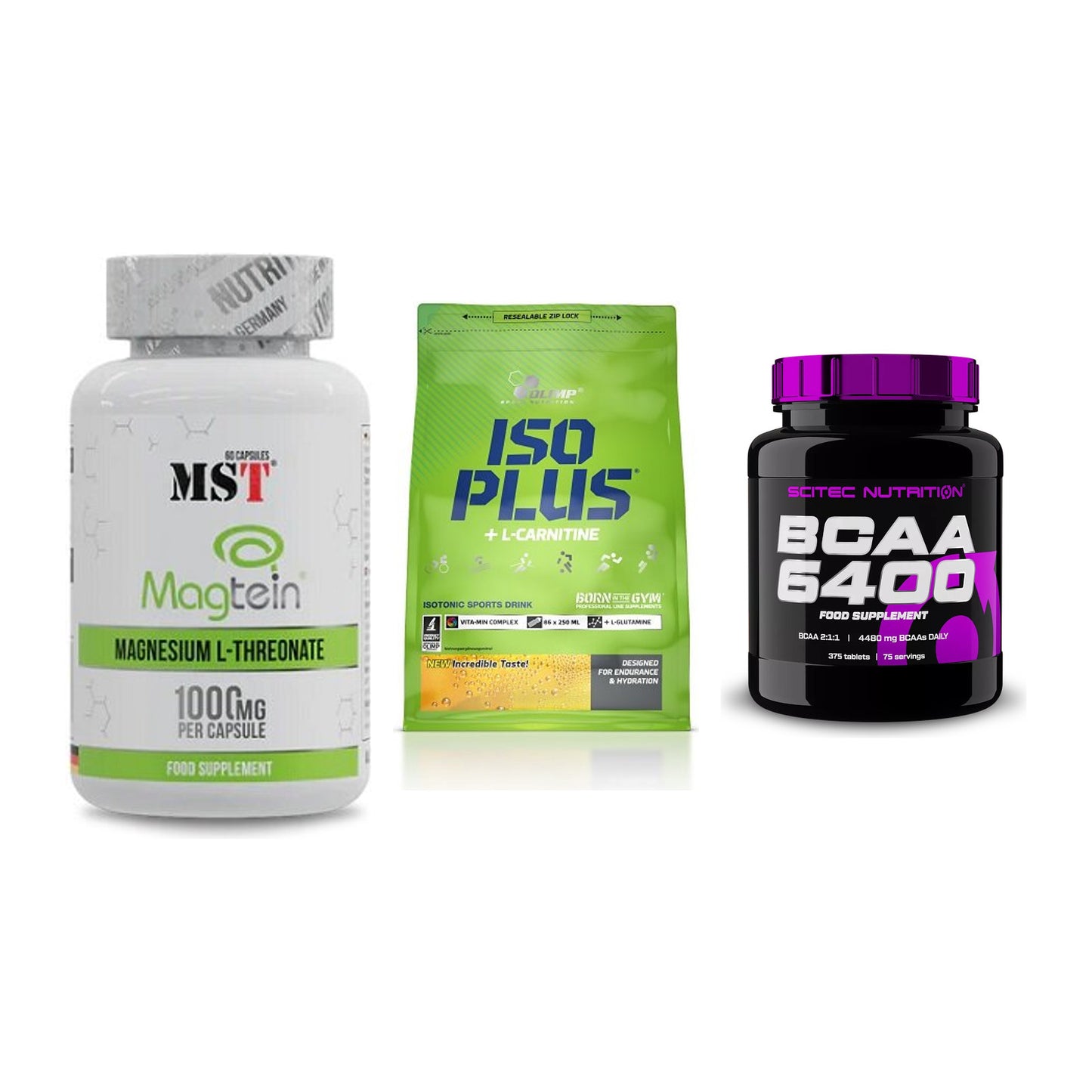 Ausdauer-Set: MST Magnesium + Olimp Iso Plus + Scitec BCAA 6400 – alle enthaltenen Artikel