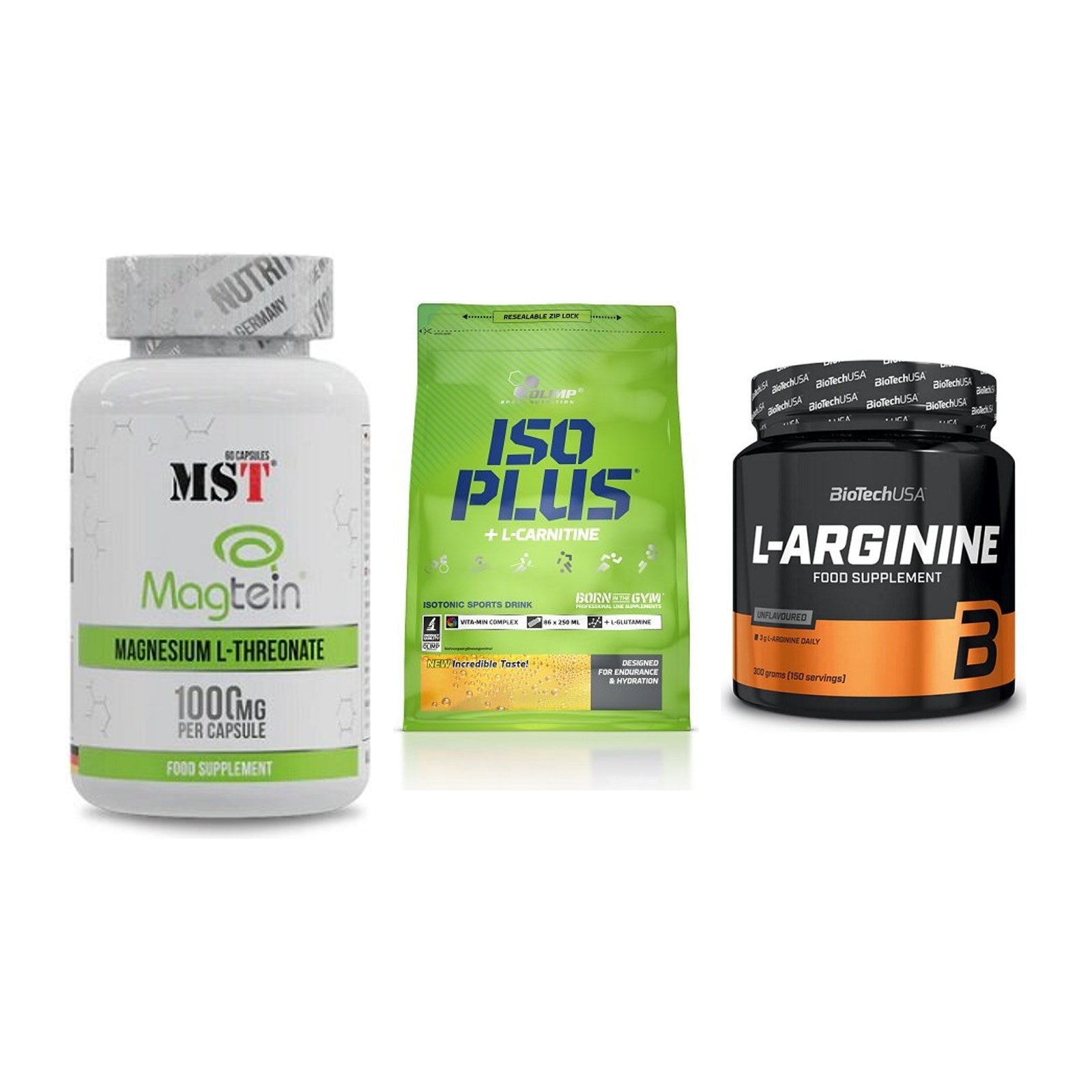 Ausdauer-Set: MST Magnesium + Olimp Iso Plus + BioTech L-Argini – alle enthaltenen Artikel