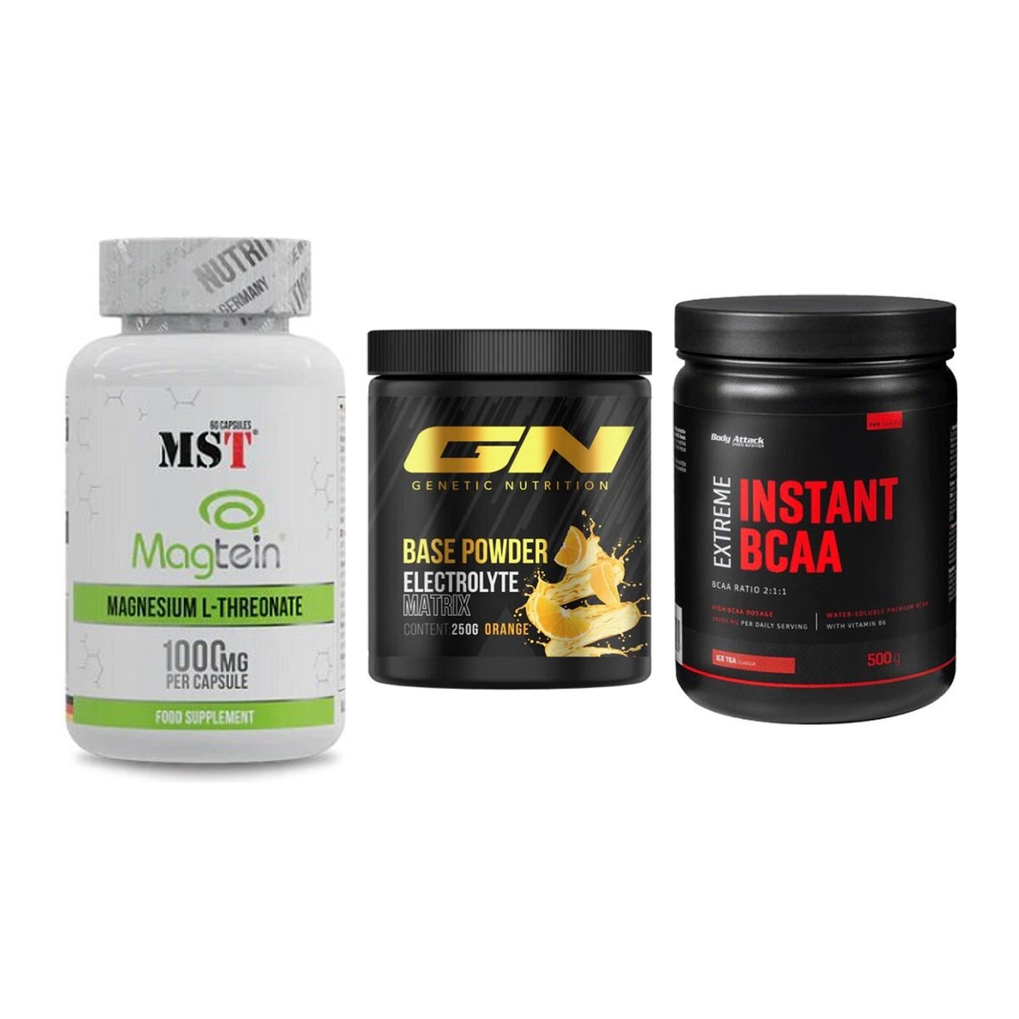 Ausdauer-Set: MST Magnesium + GN Base Powder + Body Attack – alle enthaltenen Artikel
