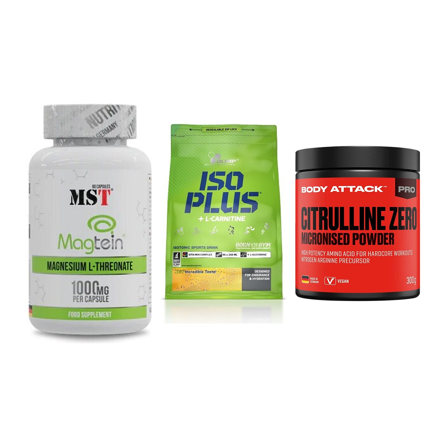 Ausdauer-Set: MST Magnesium + Olimp Iso Plus + Body Attack 100 – alle enthaltenen Artikel