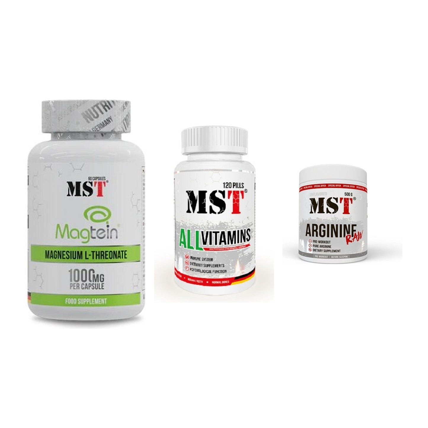 Ausdauer-Set: MST Magnesium + MST All Vitamins + MST Arginine RAW – alle enthaltenen Artikel