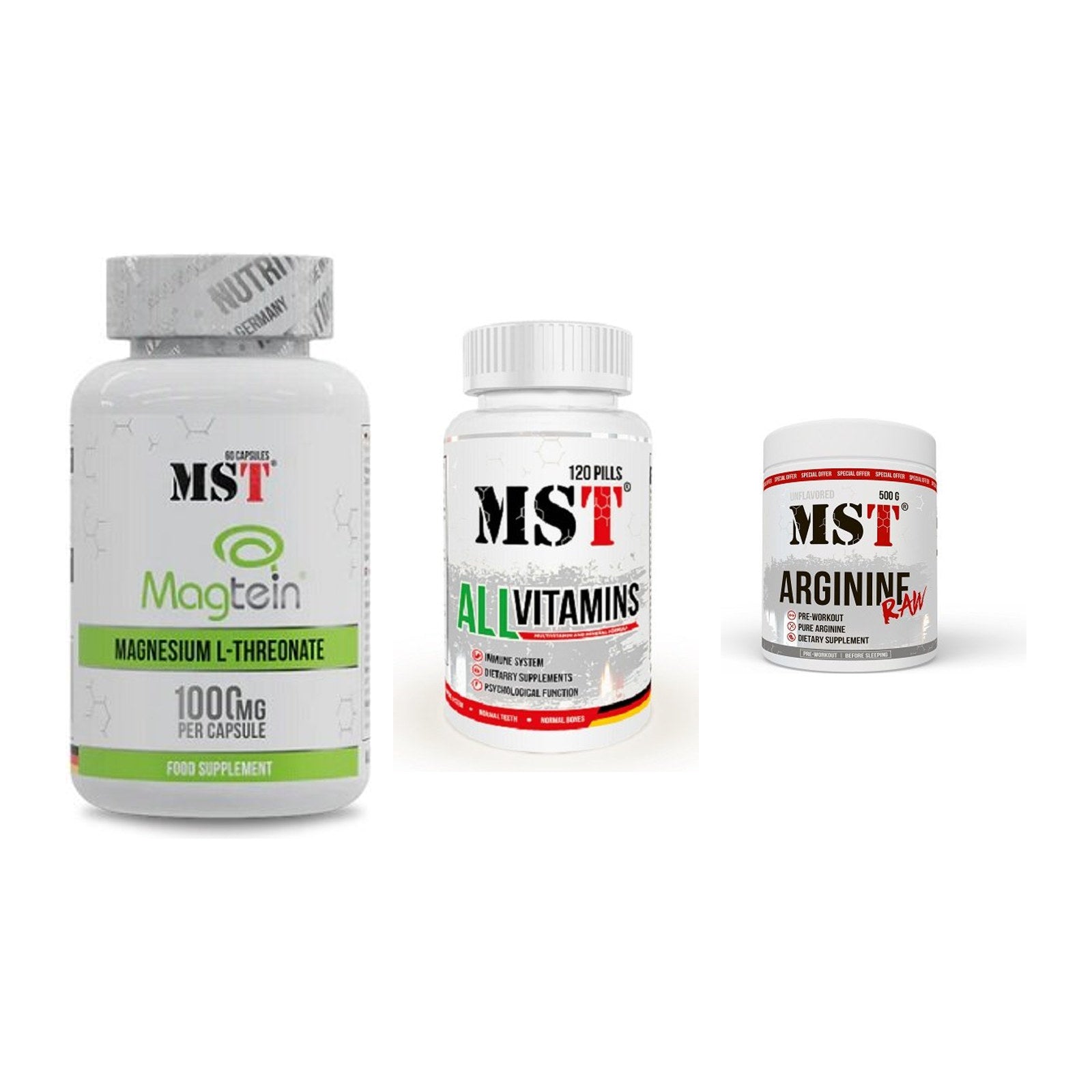 Ausdauer-Set: MST Magnesium + MST All Vitamins + MST Arginine RAW – alle enthaltenen Artikel