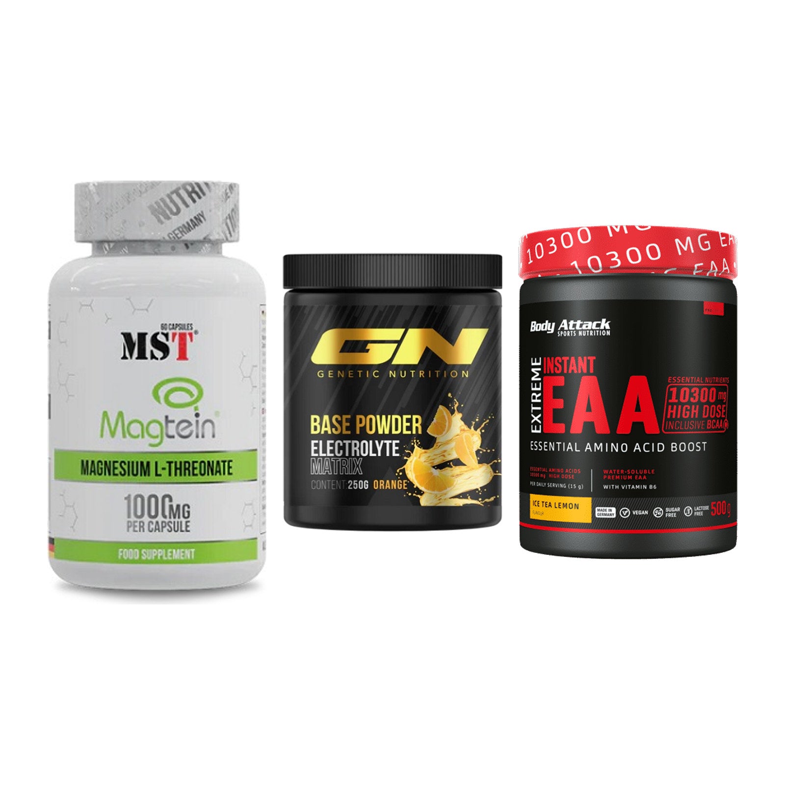 Ausdauer-Set: MST Magnesium + GN Base Powder + Body Attack – alle enthaltenen Artikel