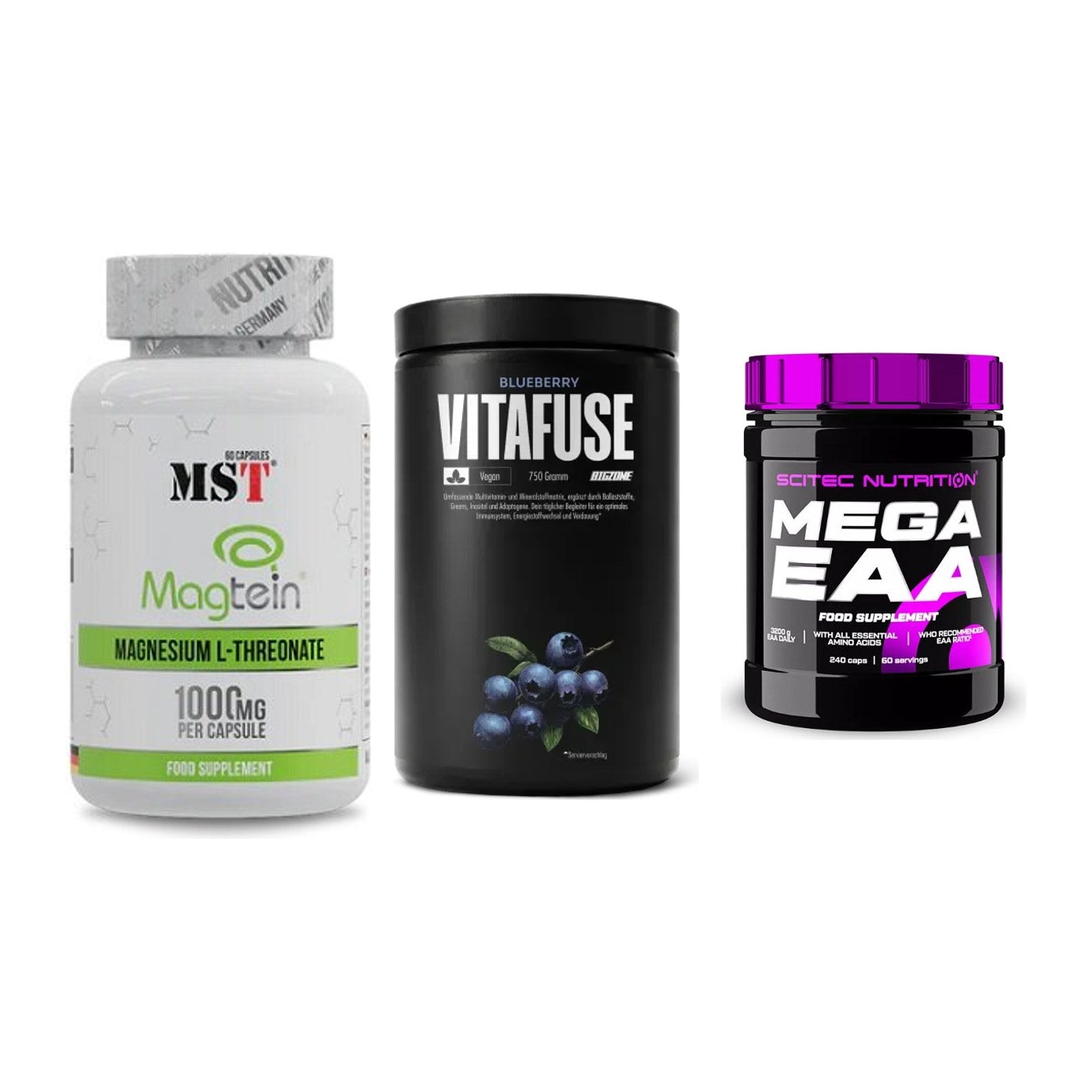 Ausdauer-Set: MST Magnesium + Big Zone Vitafus + Scitec Mega EAA – alle enthaltenen Artikel