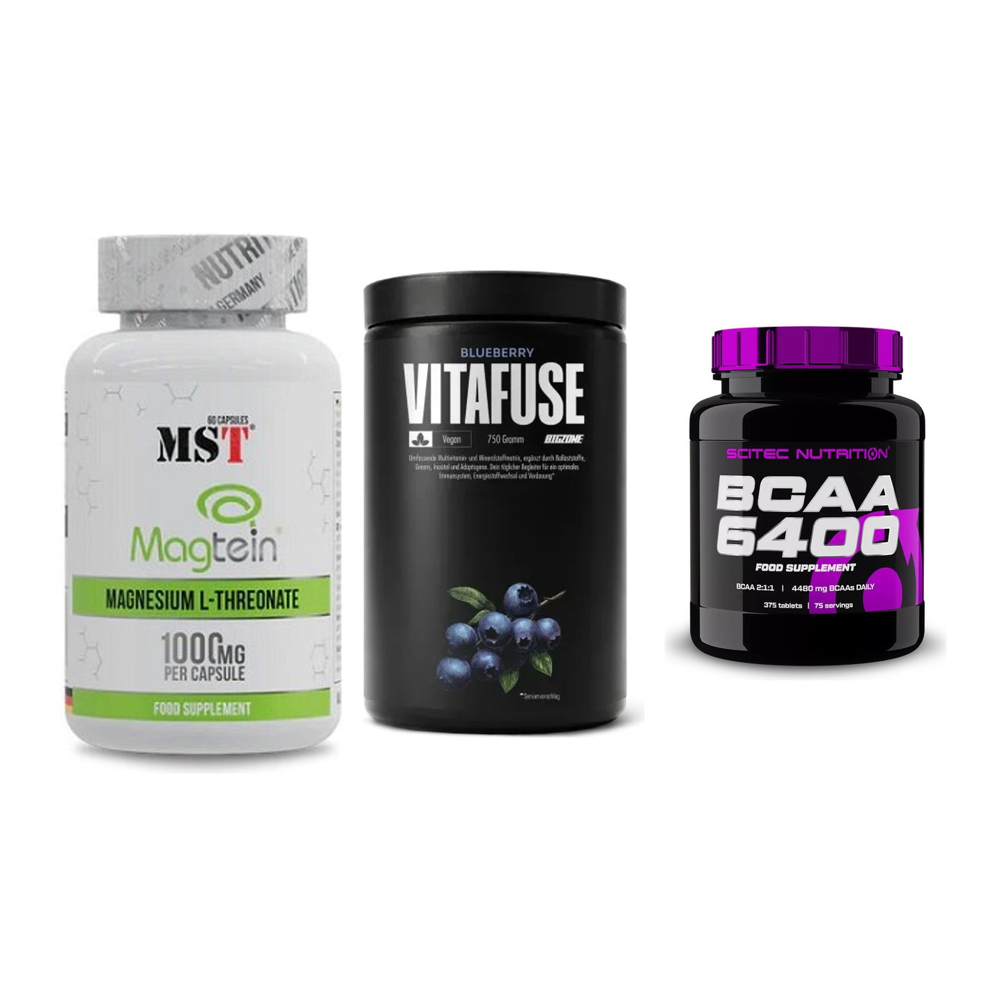 Ausdauer-Set: MST Magnesium + Big Zone Vitafus + Scitec BCAA 6400 – alle enthaltenen Artikel