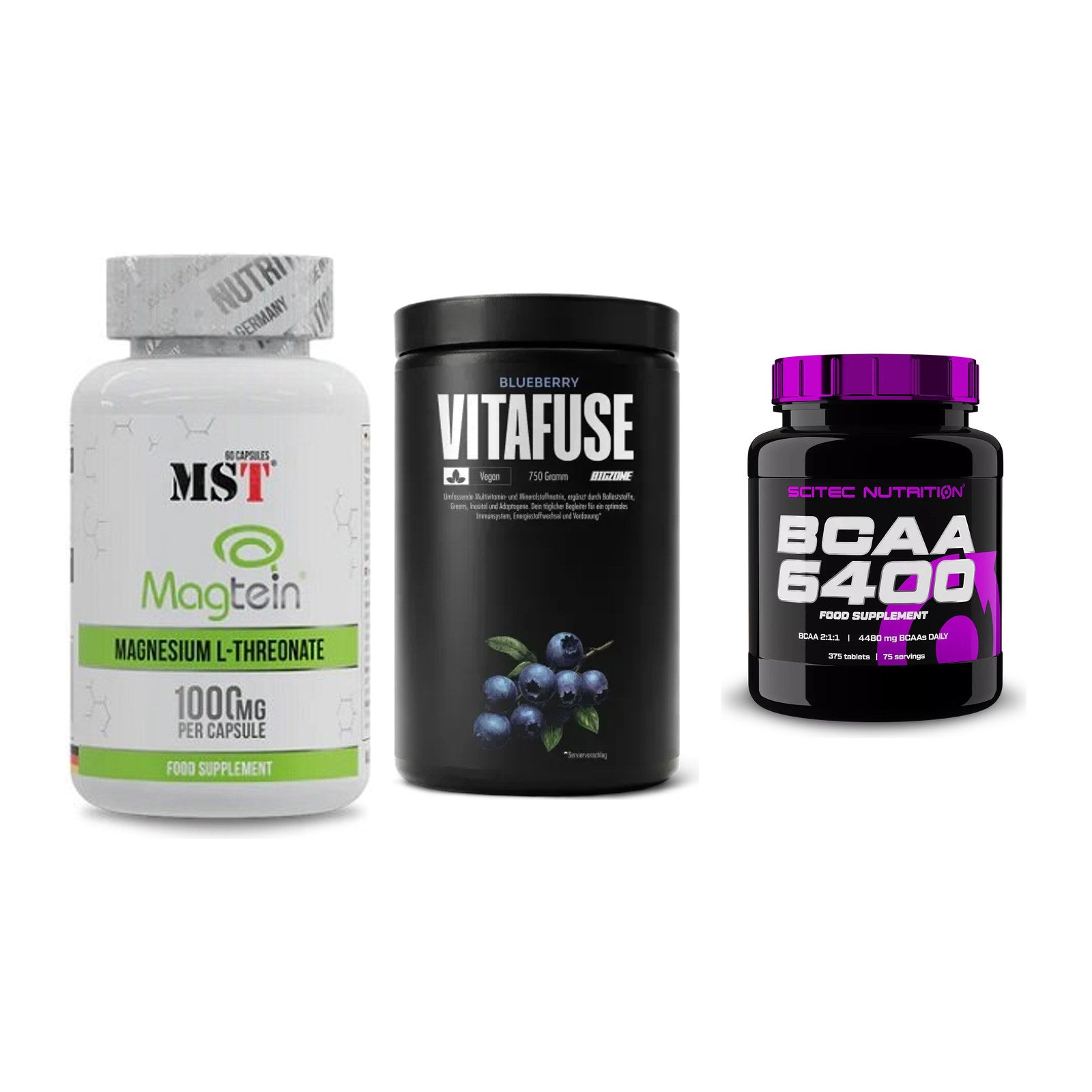 Ausdauer-Set: MST Magnesium + Big Zone Vitafus + Scitec BCAA 6400 – alle enthaltenen Artikel