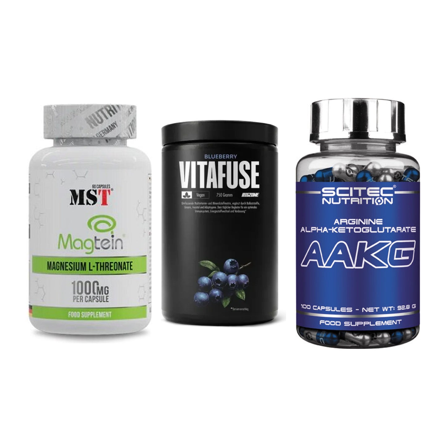Ausdauer-Set: MST Magnesium + Big Zone Vitafus + Scitec AAKG – alle enthaltenen Artikel