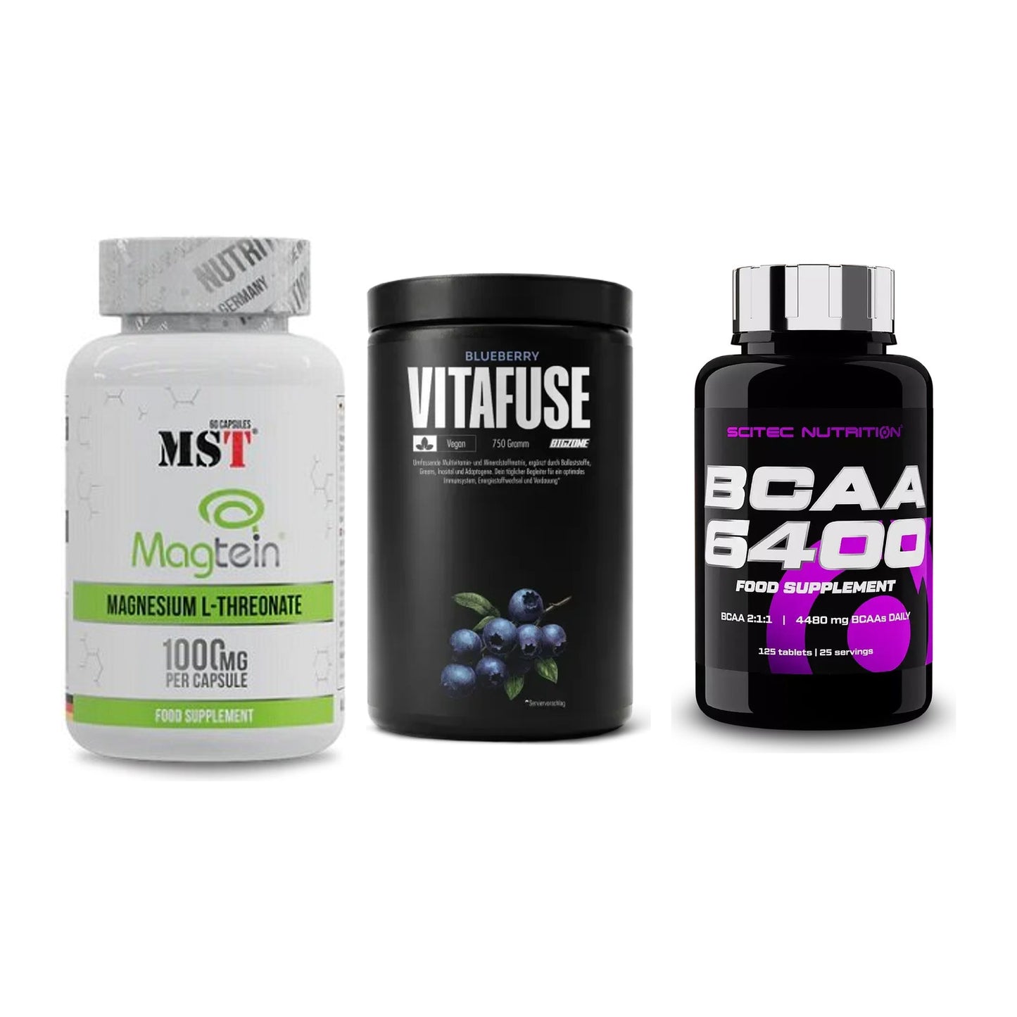 Ausdauer-Set: MST Magnesium + Big Zone Vitafus + Scitec BCAA 6400 – alle enthaltenen Artikel