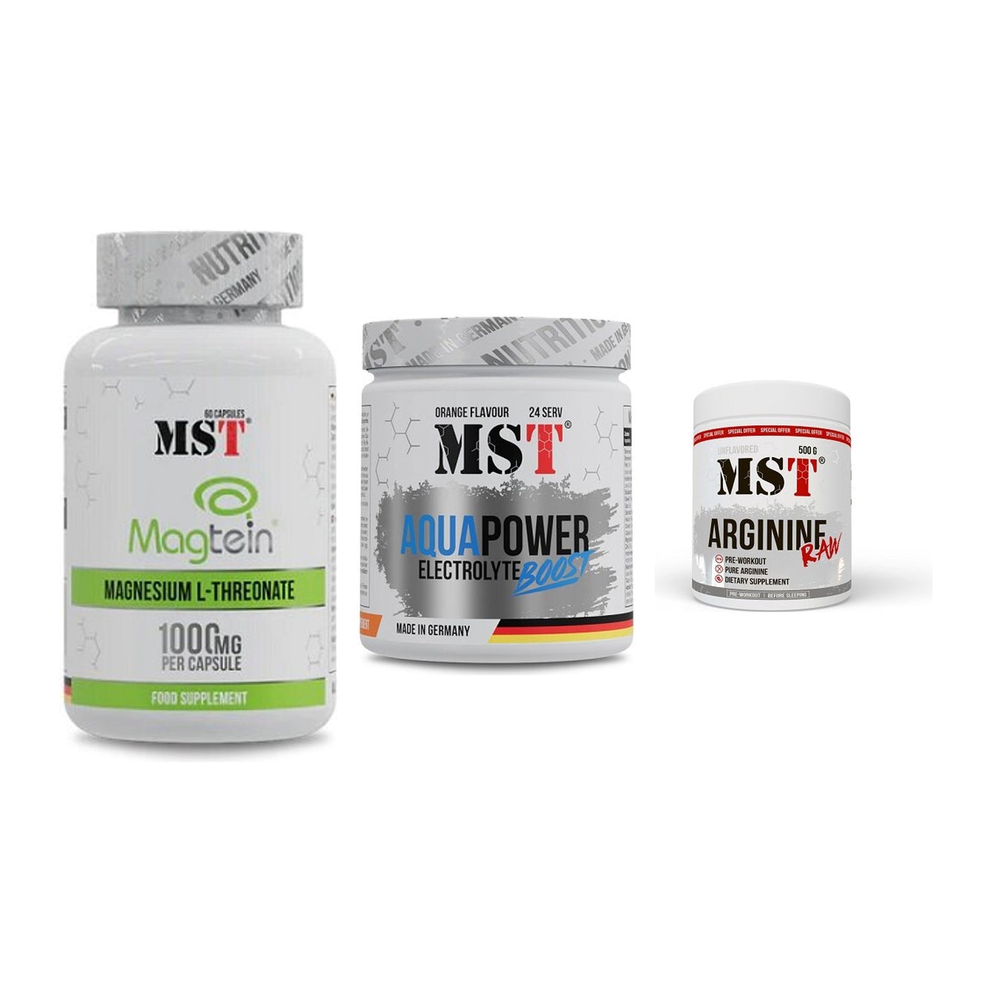 Ausdauer-Set: MST Magnesium + MST Aqua Power + MST Arginine RAW – alle enthaltenen Artikel