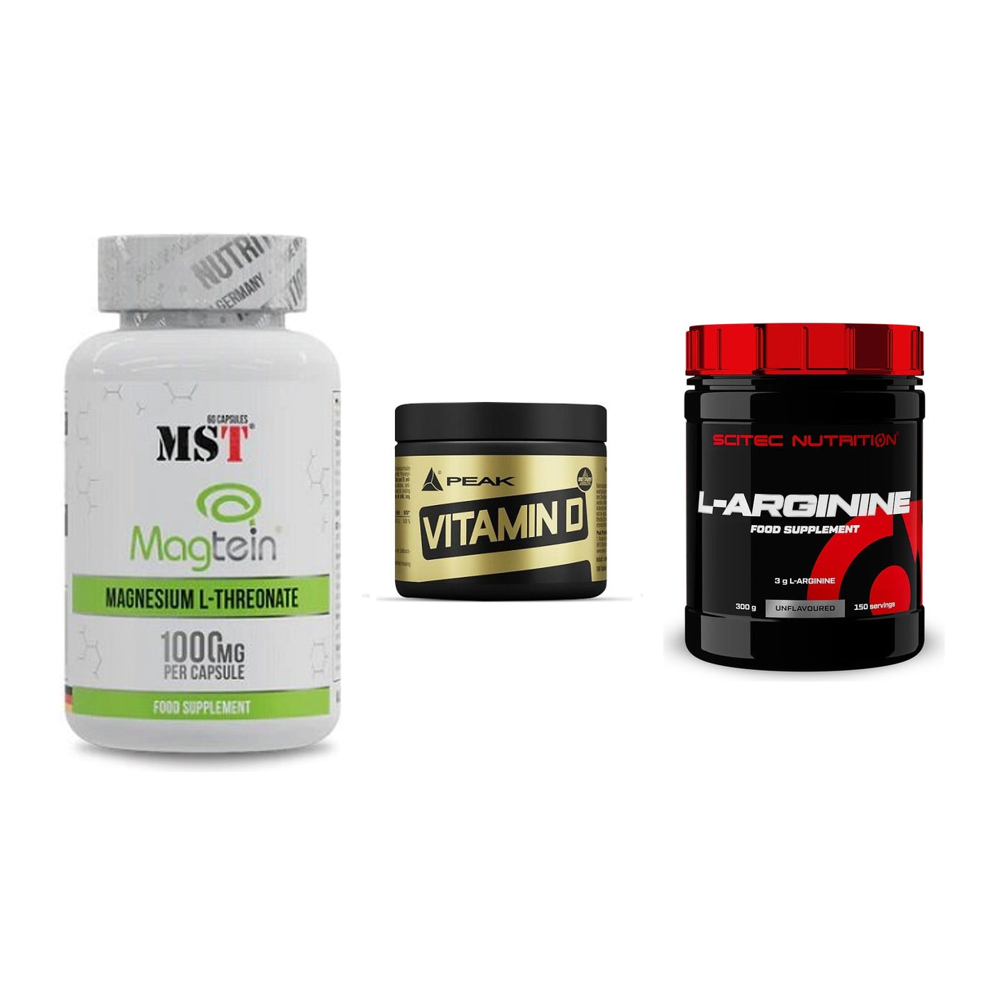 Ausdauer-Set: MST Magnesium + Peak Vitamin D + Scitec Arginin – alle enthaltenen Artikel