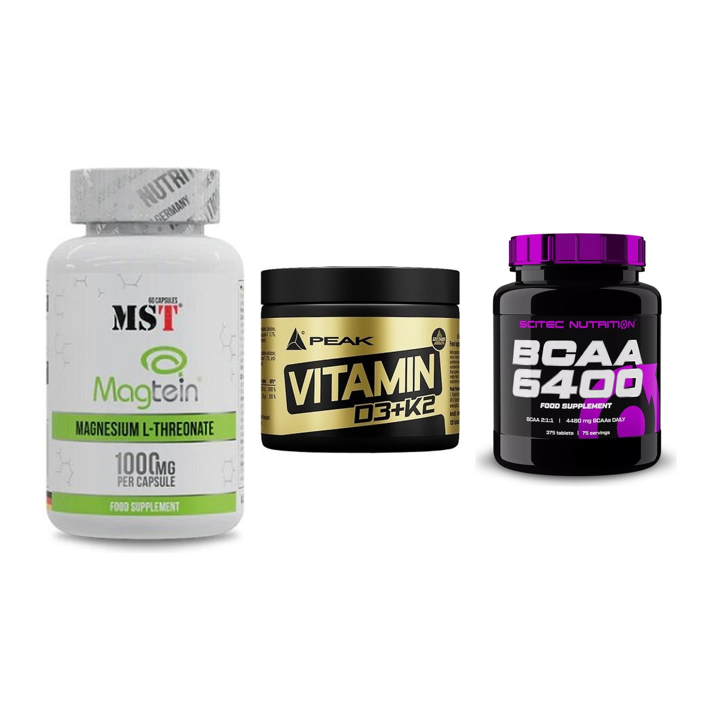 Ausdauer-Set: MST Magnesium + Peak Vitamin + Scitec BCAA 6400 – alle enthaltenen Artikel