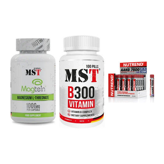 Ausdauer-Set: MST Magnesium + MST B300 B-Compl + Nutrend AAKG – alle enthaltenen Artikel