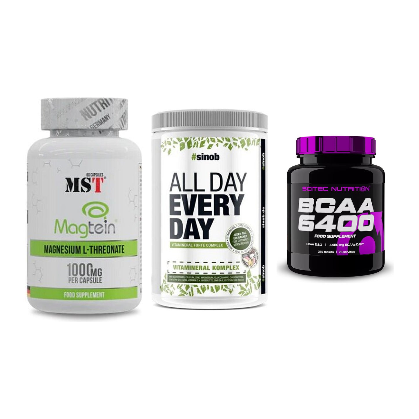Ausdauer-Set: MST Magnesium + Sinob All Day + Scitec BCAA 6400 – alle enthaltenen Artikel