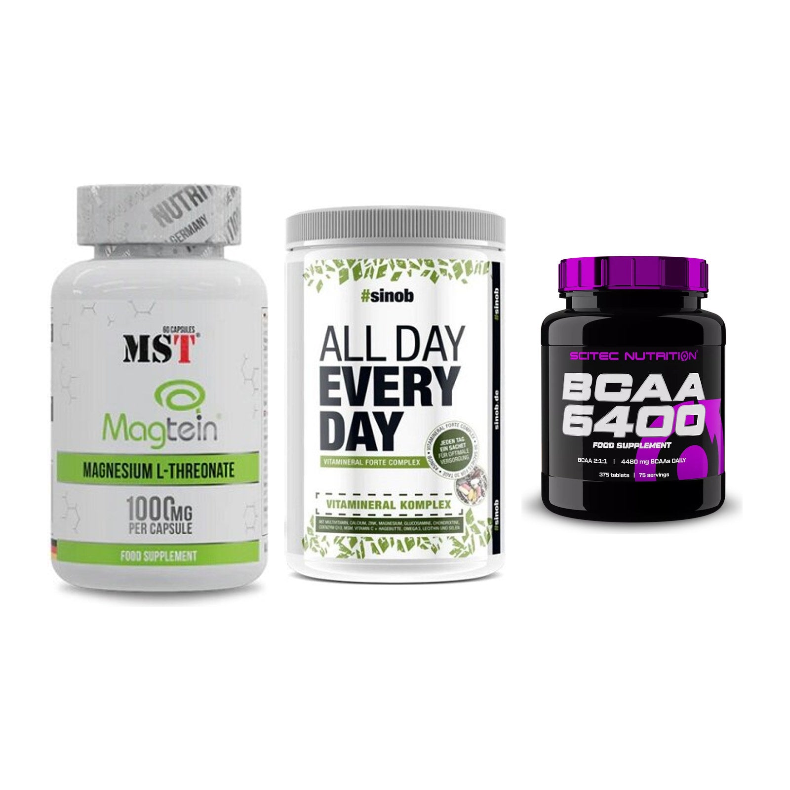 Ausdauer-Set: MST Magnesium + Sinob All Day + Scitec BCAA 6400 – alle enthaltenen Artikel