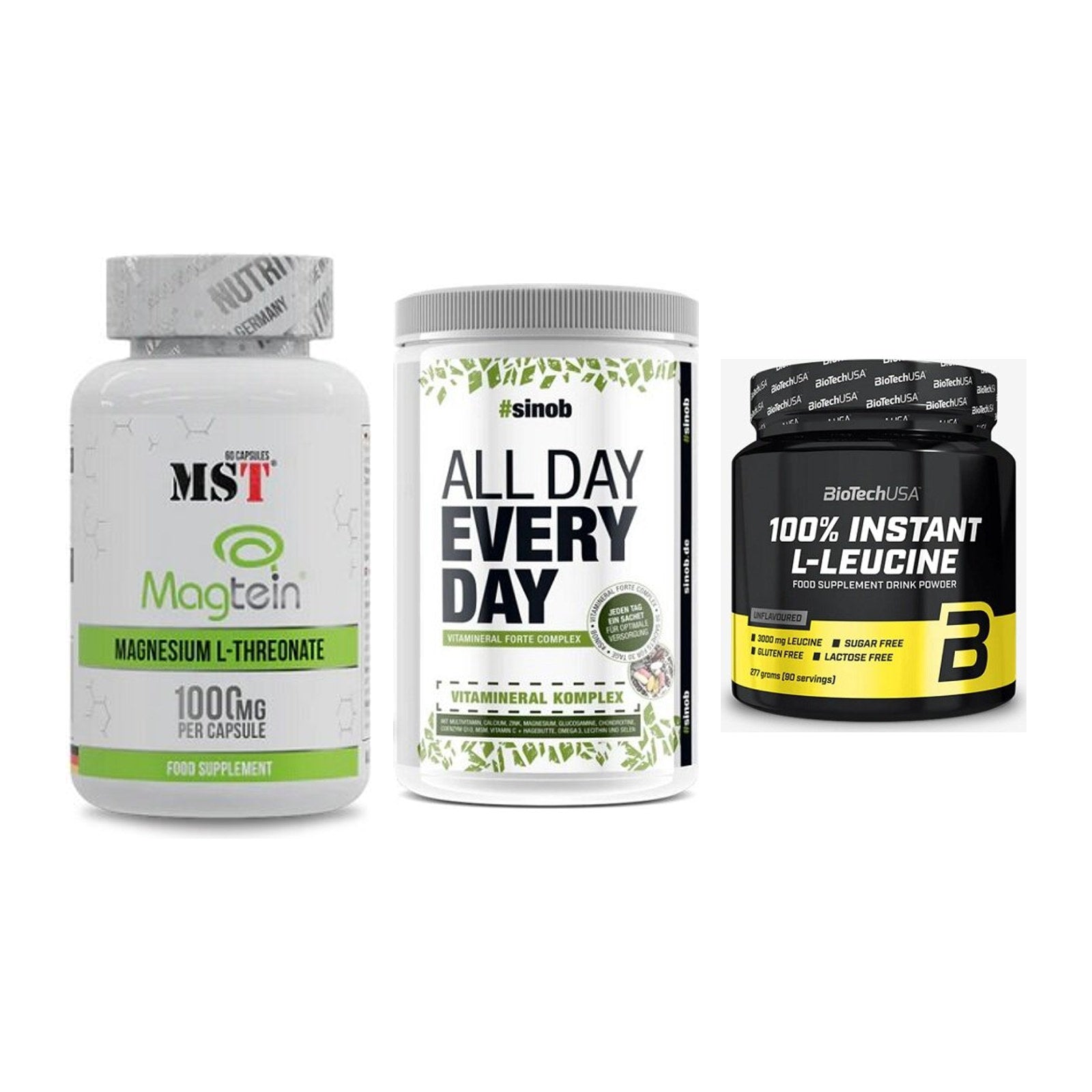 Ausdauer-Set: MST Magnesium + Sinob All Day + BioTech 100% – alle enthaltenen Artikel