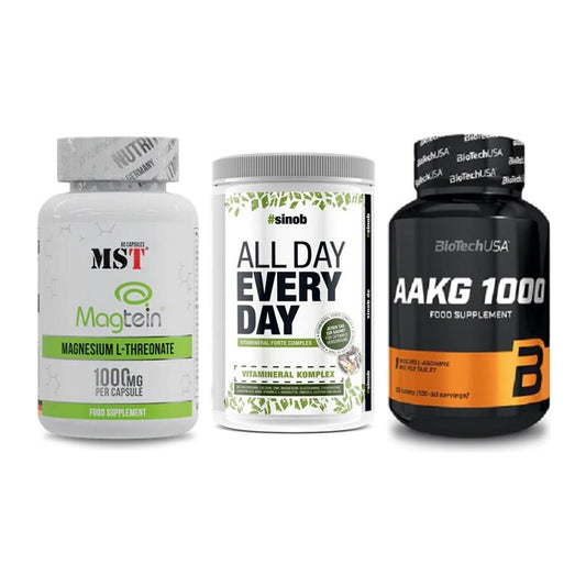 Ausdauer-Set: MST Magnesium + Sinob All Day + BioTech AAKG – alle enthaltenen Artikel