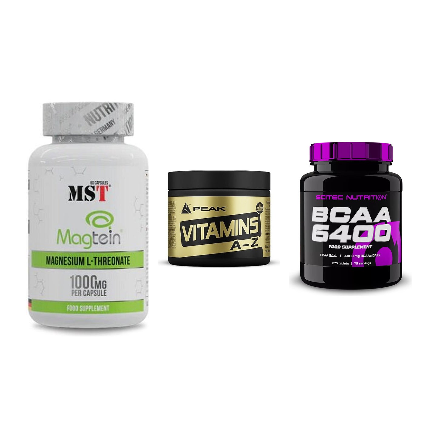Ausdauer-Set: MST Magnesium + Peak Vitamin A-Z + Scitec BCAA 6400 – alle enthaltenen Artikel